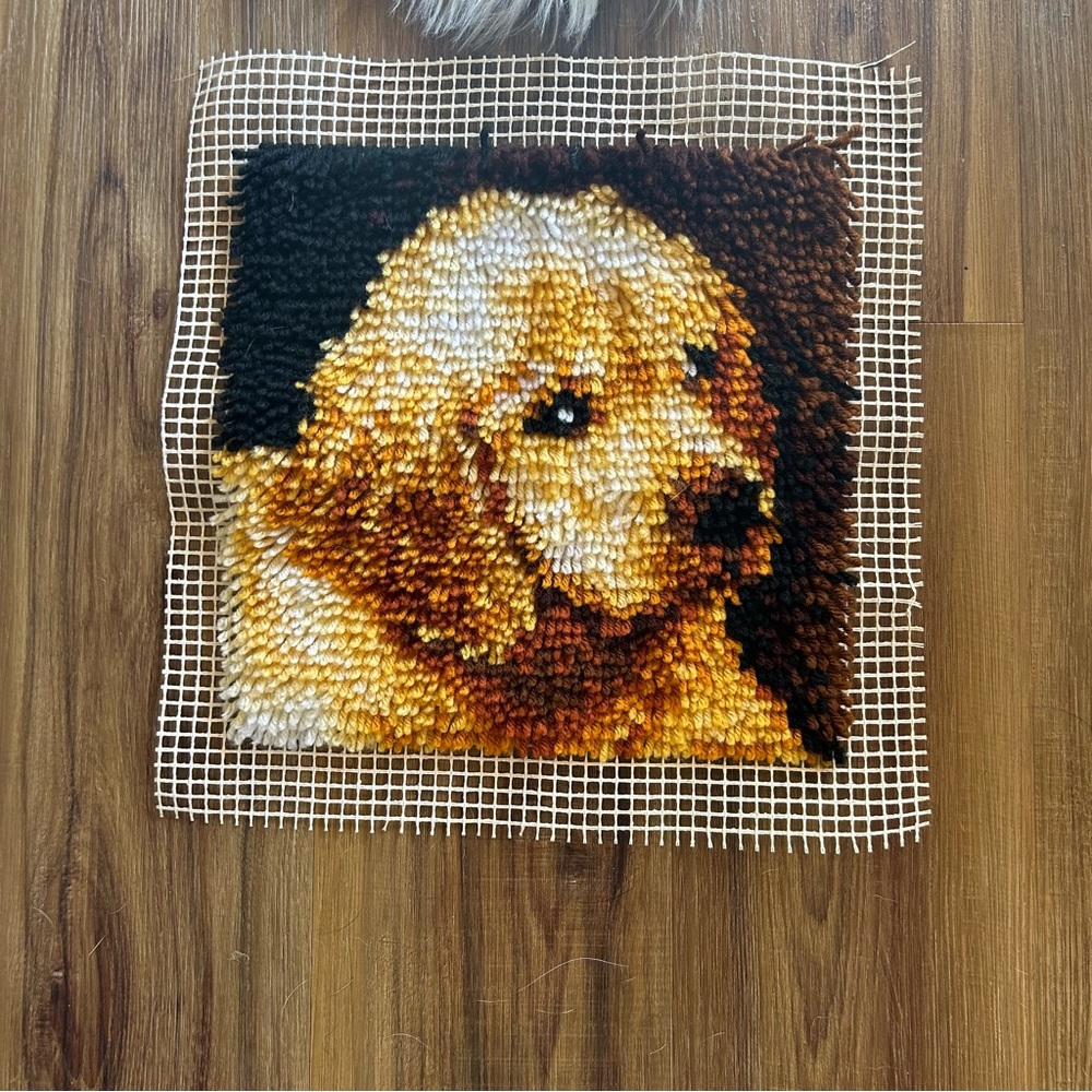 Golden Retriever Puppy Vintage Completed Latch Hook Wall Hanging